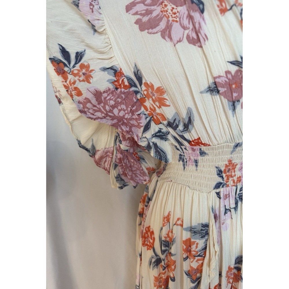Angie Mini Floral Sun Dress Size L V-Neck Flutter Sleeve Ruffle Crochet Flowy - Picture 5 of 9